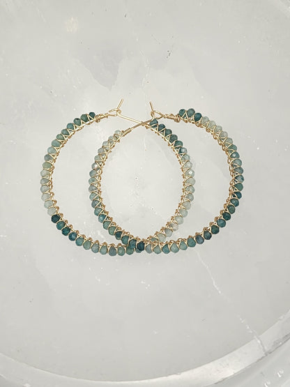 14k Gold-Filled Shaded Grandidierite Gemstone Hoop Earrings, 3 Hoop Sizes Available 30mm, 40mm or 50mm