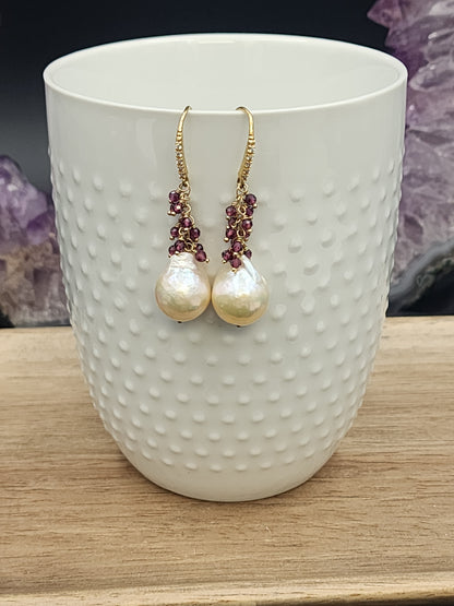 Luxe Flameball Pearl & Rhodonite Garnet Gemstone Earrings with 24k Gold Vermeil French Earwires  with Pave Cubic Zirconia