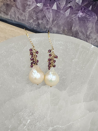 Luxe Flameball Pearl & Rhodonite Garnet Gemstone Earrings with 24k Gold Vermeil French Earwires  with Pave Cubic Zirconia