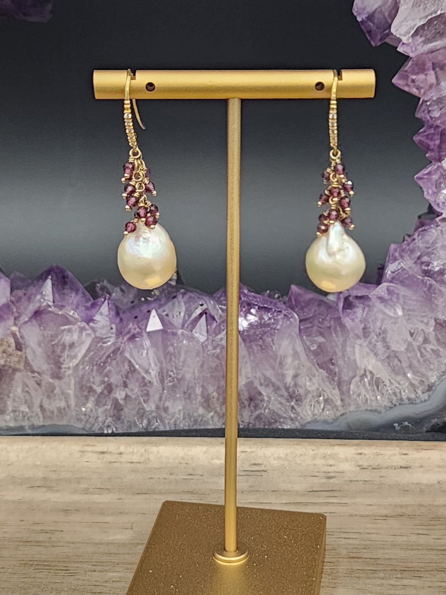 Luxe Flameball Pearl & Rhodonite Garnet Gemstone Earrings with 24k Gold Vermeil French Earwires  with Pave Cubic Zirconia