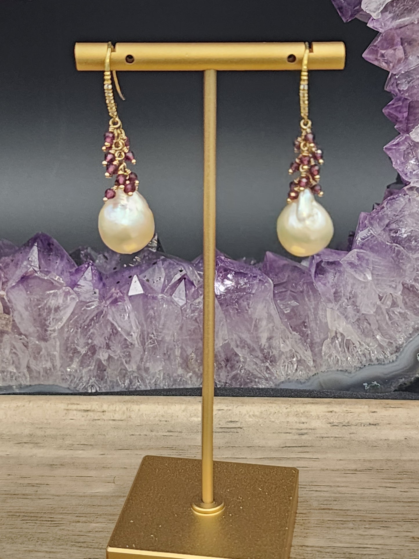 Luxe Flameball Pearl & Rhodonite Garnet Gemstone Earrings with 24k Gold Vermeil French Earwires  with Pave Cubic Zirconia