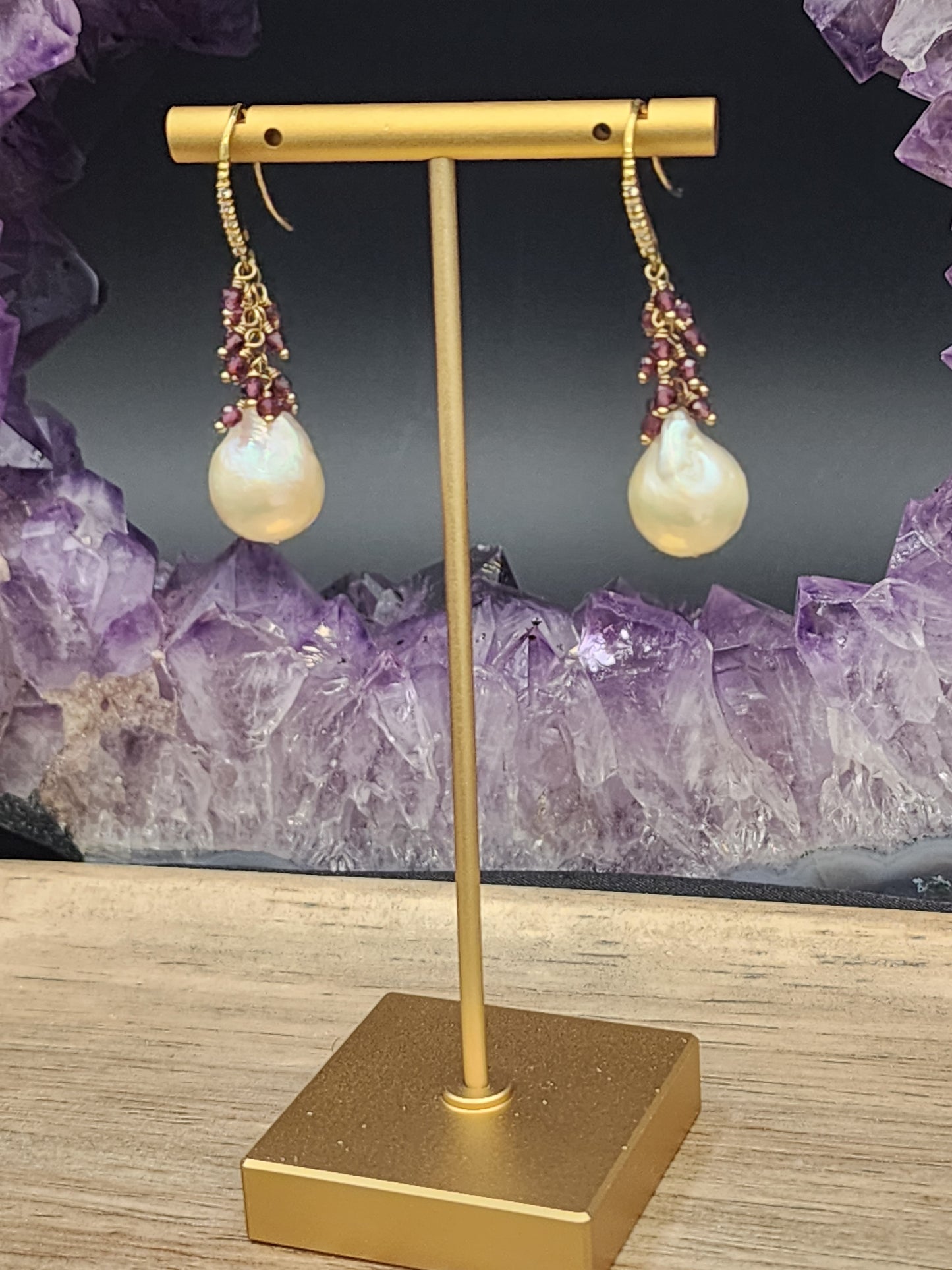 Luxe Flameball Pearl & Rhodonite Garnet Gemstone Earrings with 24k Gold Vermeil French Earwires  with Pave Cubic Zirconia