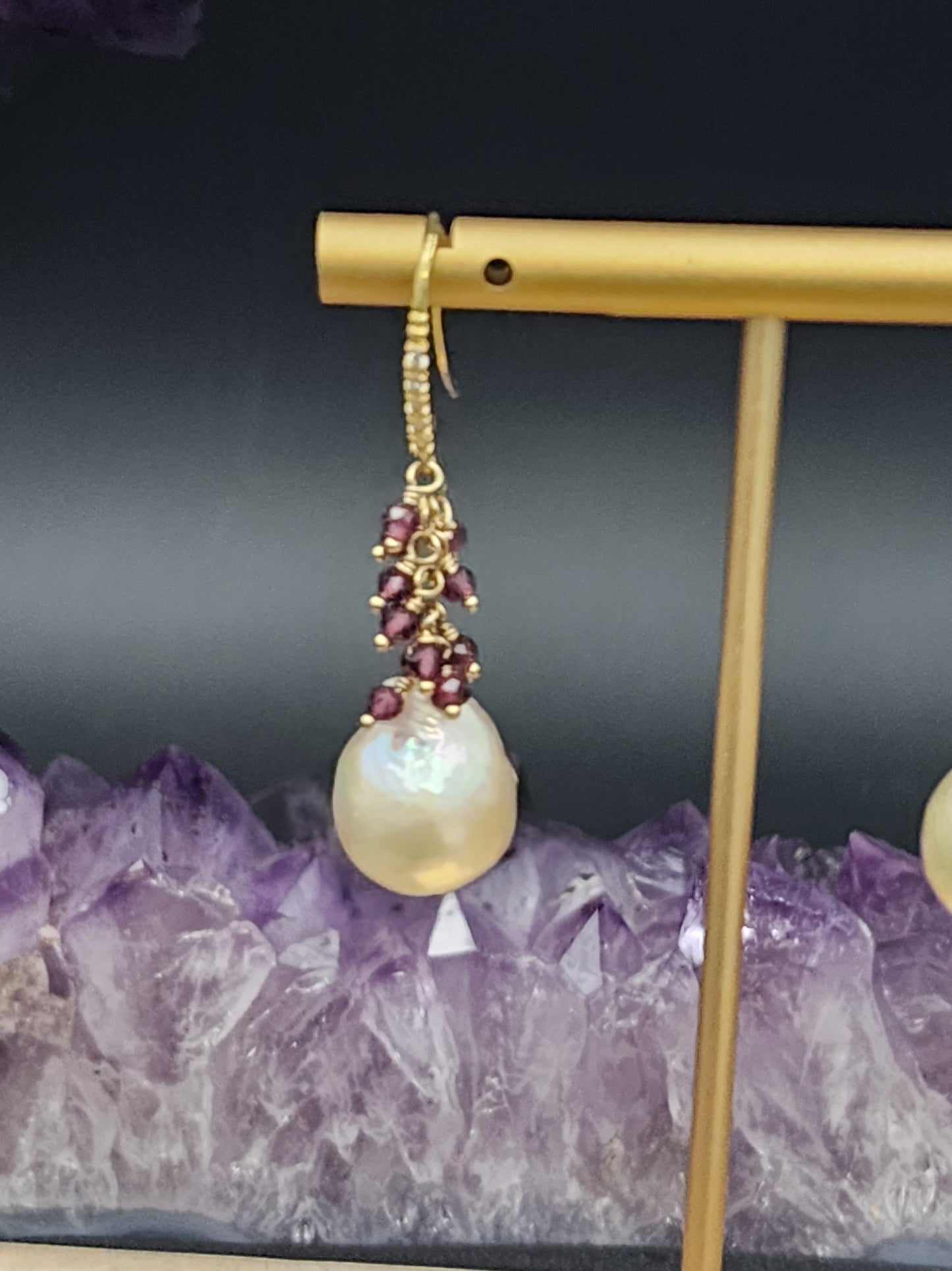 Luxe Flameball Pearl & Rhodonite Garnet Gemstone Earrings with 24k Gold Vermeil French Earwires  with Pave Cubic Zirconia