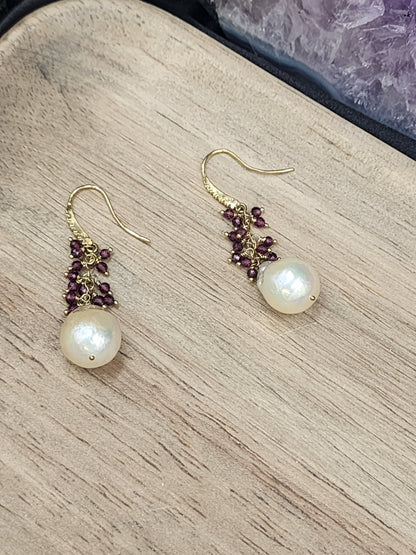 Luxe Flameball Pearl & Rhodonite Garnet Gemstone Earrings with 24k Gold Vermeil French Earwires  with Pave Cubic Zirconia