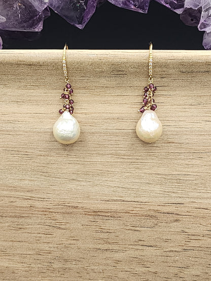 Luxe Flameball Pearl & Rhodonite Garnet Gemstone Earrings with 24k Gold Vermeil French Earwires  with Pave Cubic Zirconia