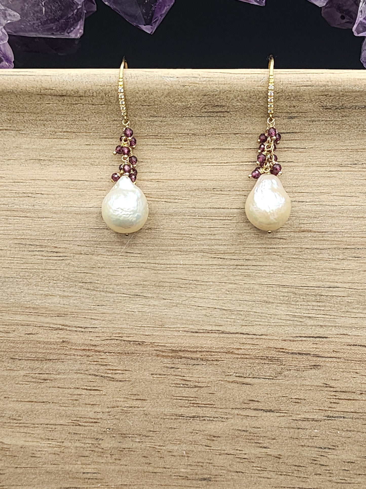 Luxe Flameball Pearl & Rhodonite Garnet Gemstone Earrings with 24k Gold Vermeil French Earwires  with Pave Cubic Zirconia