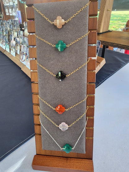 14k Gold-Filled or Sterling Sliver Gemstone Clover Necklaces. Rose Quartz,  Peach Moonstone, Black Spinel, Labradorite, Lapis Lazuli, Carnelian or Green Onyx