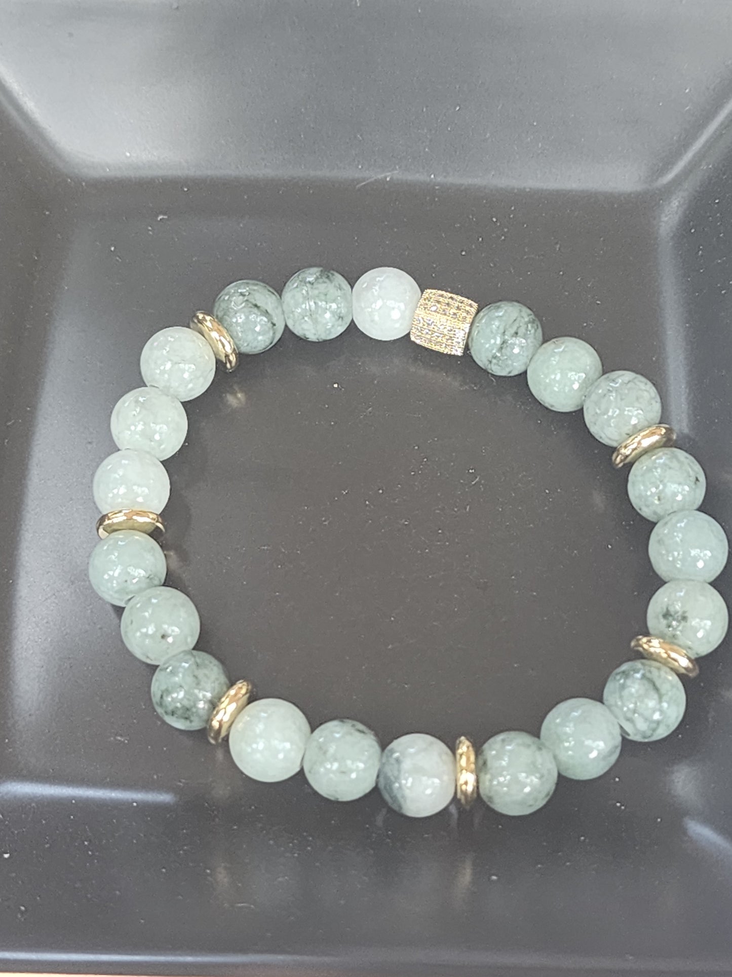 Burma Jade Gemstone Bracelet with Gold Plated Stainless Steel and Cubic Zirconia Accents