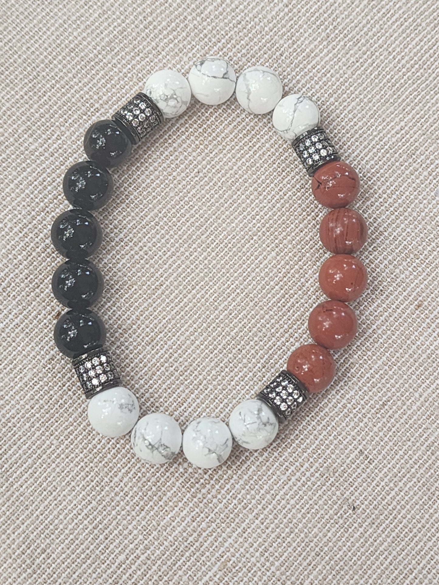 Howlite, Red Jasper & Obsidian Gemstone Bracelet with CZ accents