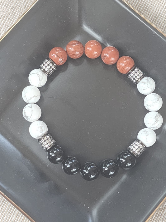 Howlite, Red Jasper & Obsidian Gemstone Bracelet with CZ accents