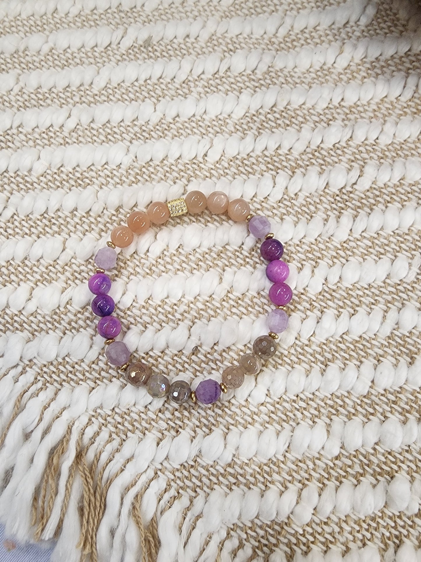 Sunstone, Lepidolite,  Sugilite & Mystic Moonstone Gemstone Bracelet with Gold Plated CZ accents