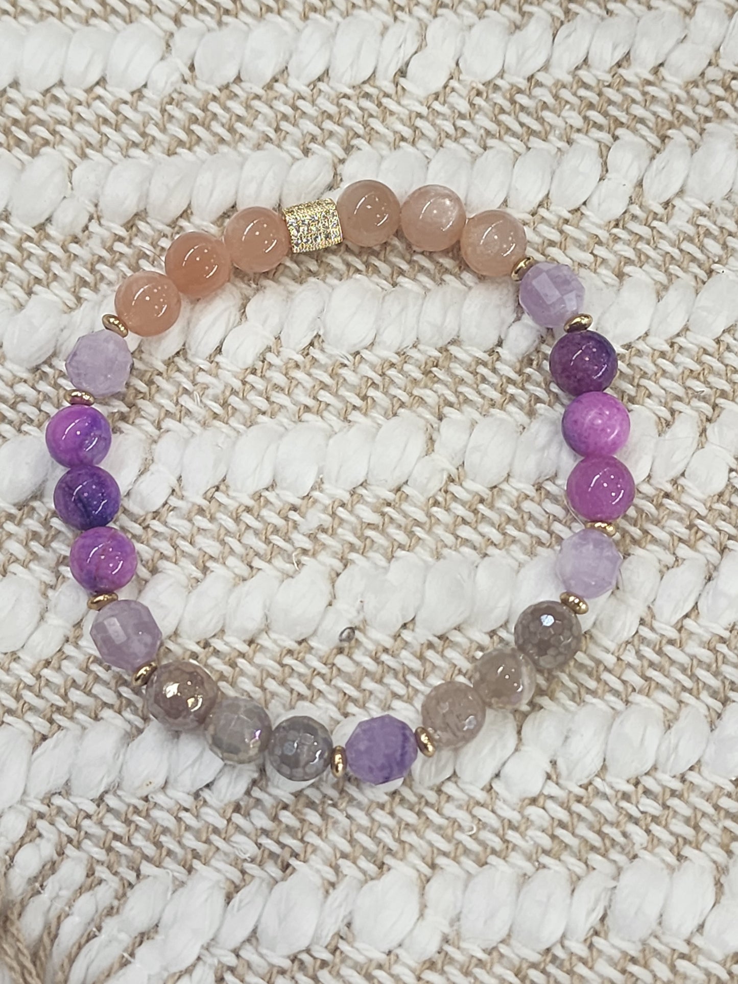 Sunstone, Lepidolite,  Sugilite & Mystic Moonstone Gemstone Bracelet with Gold Plated CZ accents