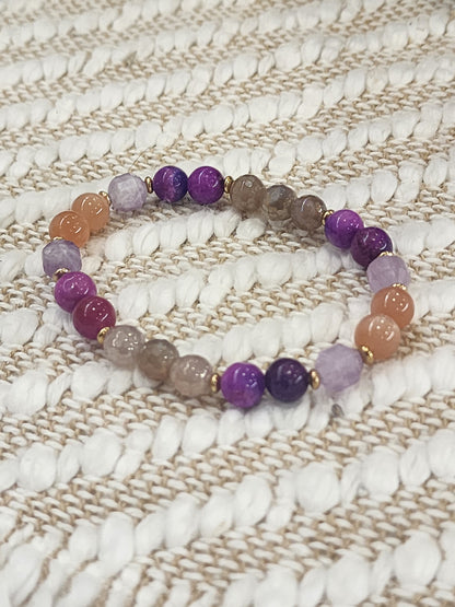 One-of-a-kind gemstone stretch bracelet, Sunstone, Lepidolite, Mystic Moonstone & sugilite