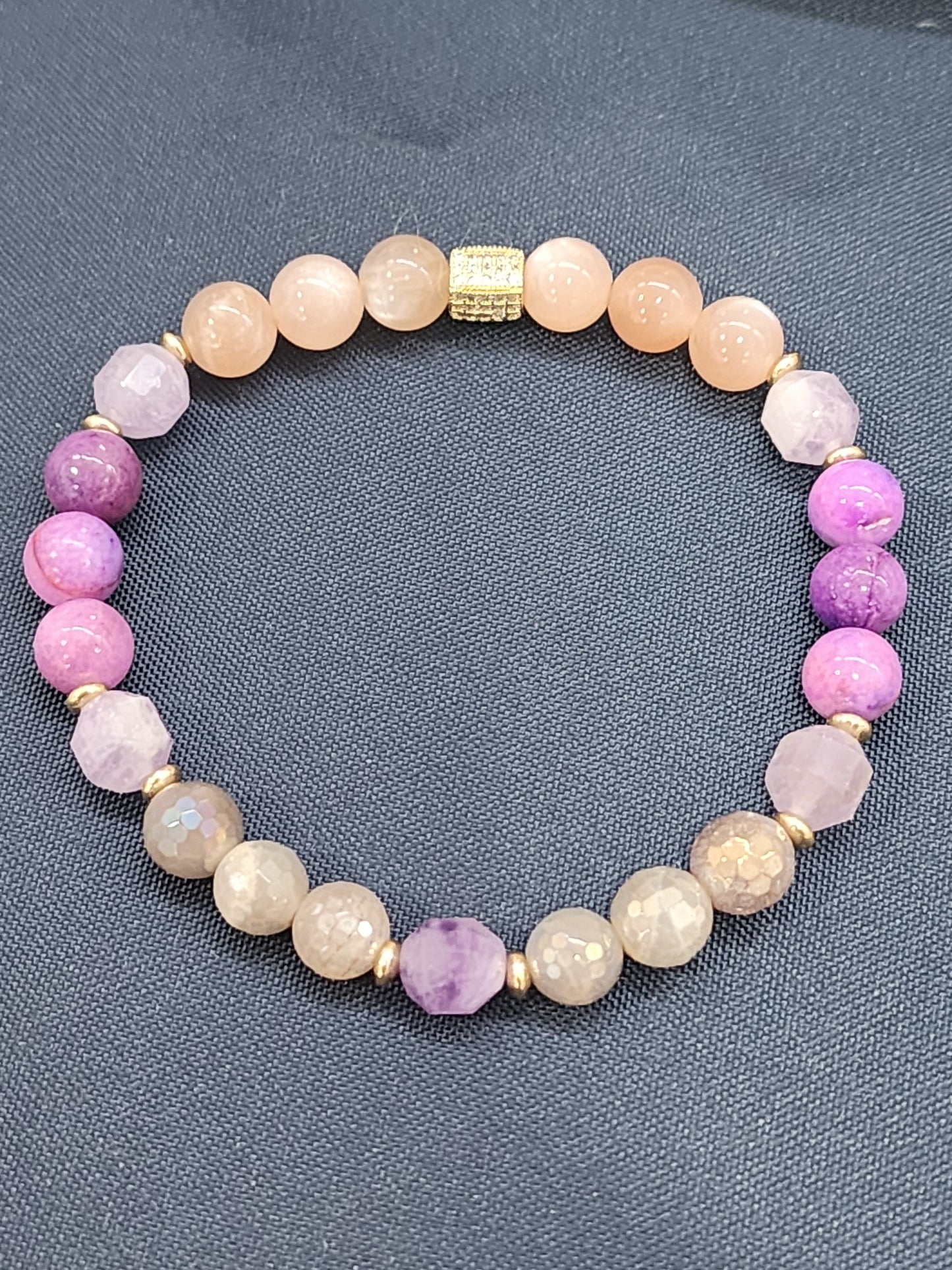 Sunstone, Lepidolite,  Sugilite & Mystic Moonstone Gemstone Bracelet with Gold Plated CZ accents