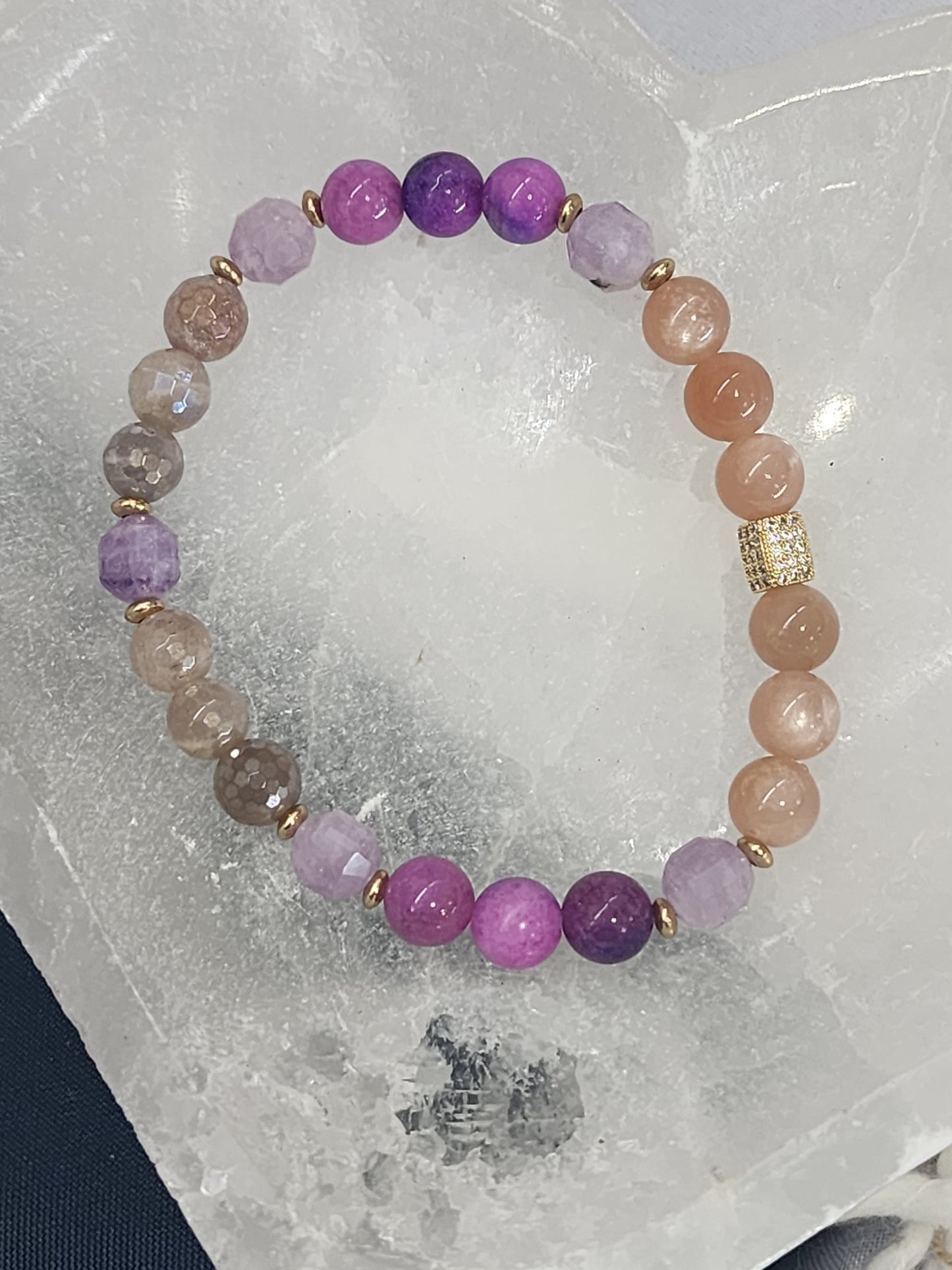 Sunstone, Lepidolite,  Sugilite & Mystic Moonstone Gemstone Bracelet with Gold Plated CZ accents