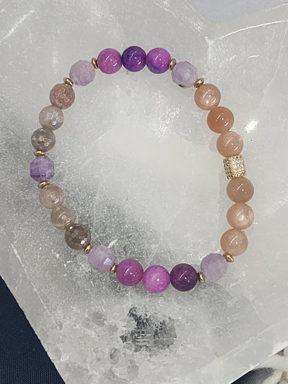 Sunstone, Lepidolite,  Sugilite & Mystic Moonstone Gemstone Bracelet with Gold Plated CZ accents