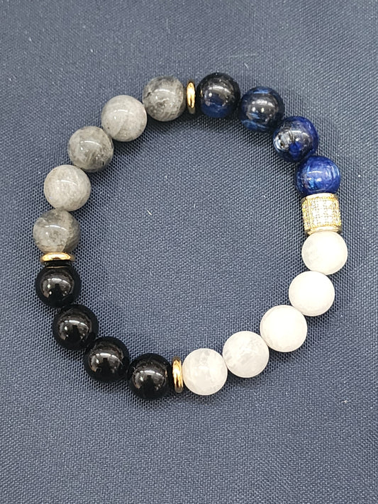 Moonstone, Black Tourmaline, Labradorite, and Kyanite Gemstone Bracelet with Gold Plated Cubic Zirconia Accents