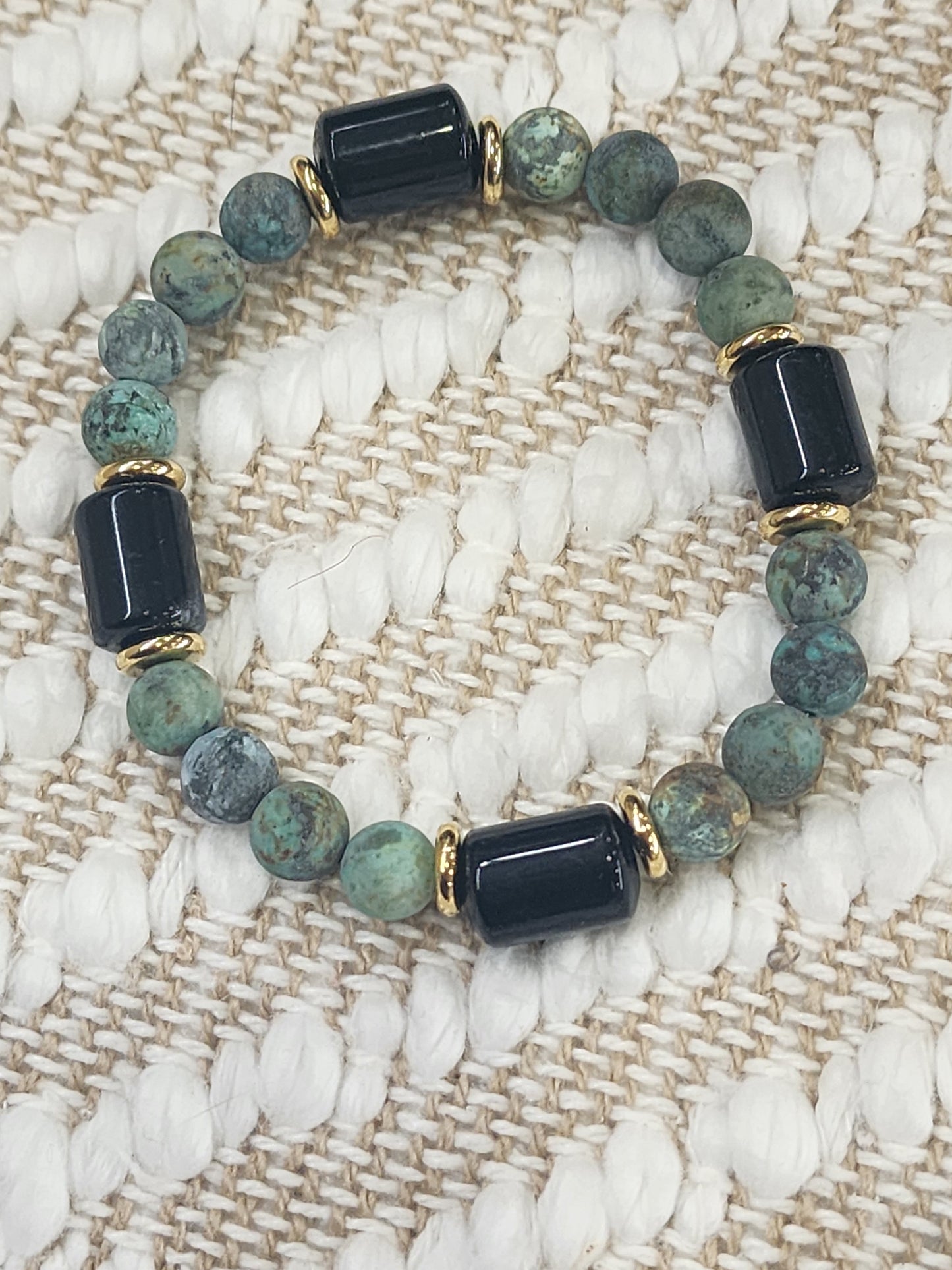 Matte African Turquoise and Black Onyx Gemstone Bracelet with Gold Plated Stainless steel accents