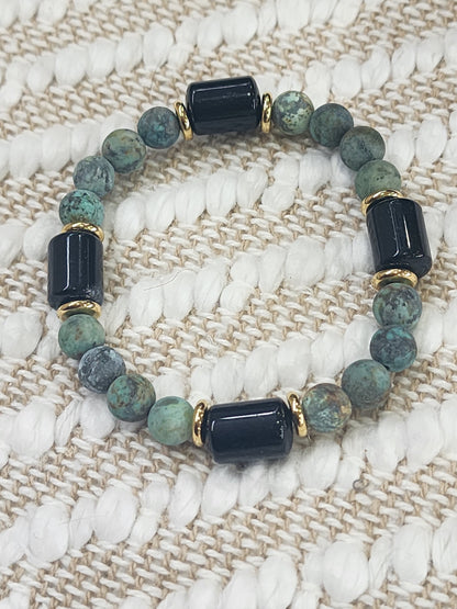 Matte African Turquoise and Black Onyx Gemstone Bracelet with Gold Plated Stainless steel accents