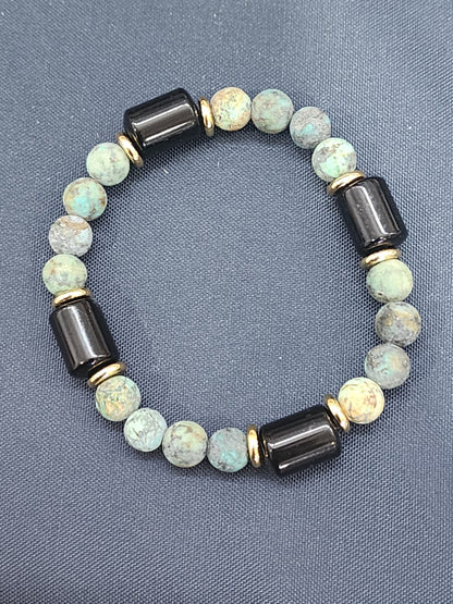 Matte African Turquoise and Black Onyx Gemstone Bracelet with Gold Plated Stainless steel accents