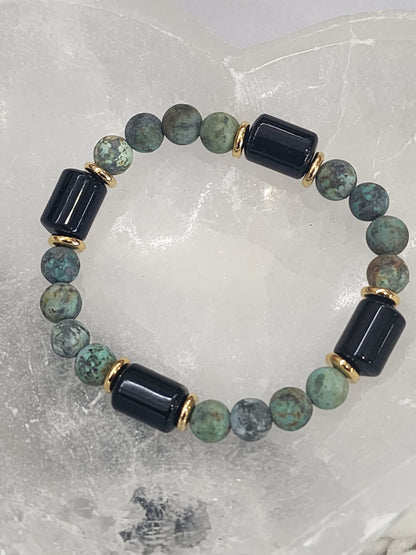 Matte African Turquoise and Black Onyx Gemstone Bracelet with Gold Plated Stainless steel accents