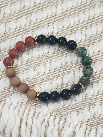 Matte African Turquoise,  Red Jasper,  Black Obsidian & Sandalwood Gemstone Bracelet