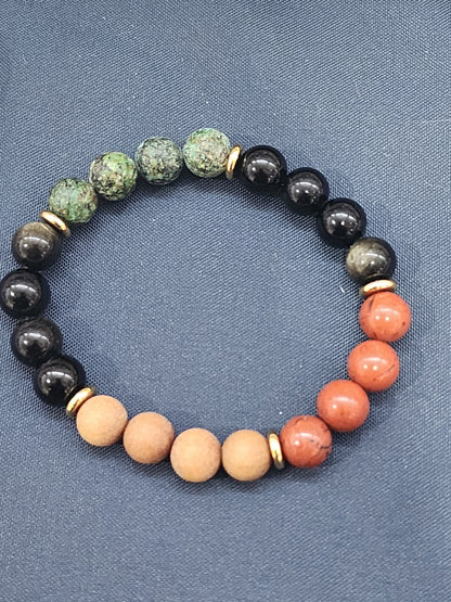 Matte African Turquoise,  Red Jasper,  Black Obsidian & Sandalwood Gemstone Bracelet