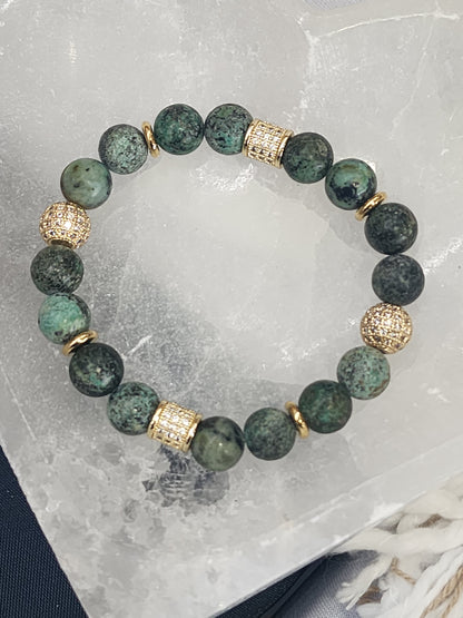 Matte African Turquoise Gemstone Stretch Bracelet with Gold Plated Pave Cubic Zirconia accents