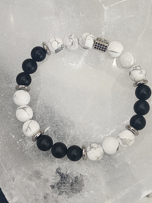 Matte Black Onyx & Matte Howlite Gemstone Bracelet with silver Plated black pave cz and stainless steel accents