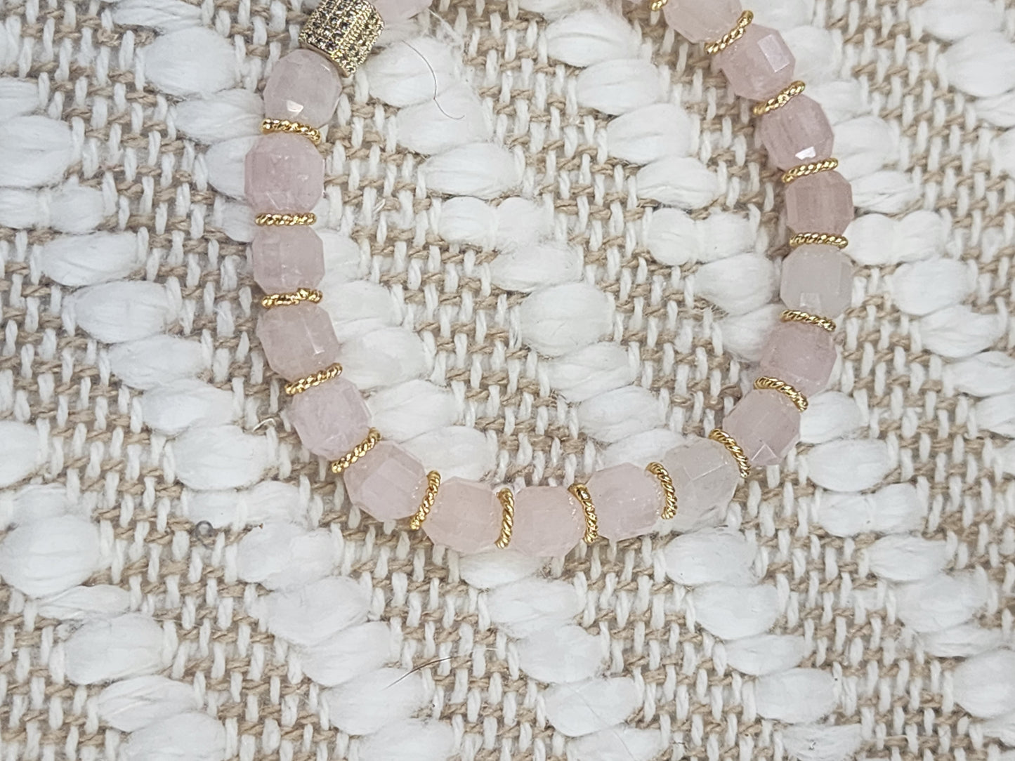 Rose Quartz Gemstone Stretch Bracelet with Gold Plated accents