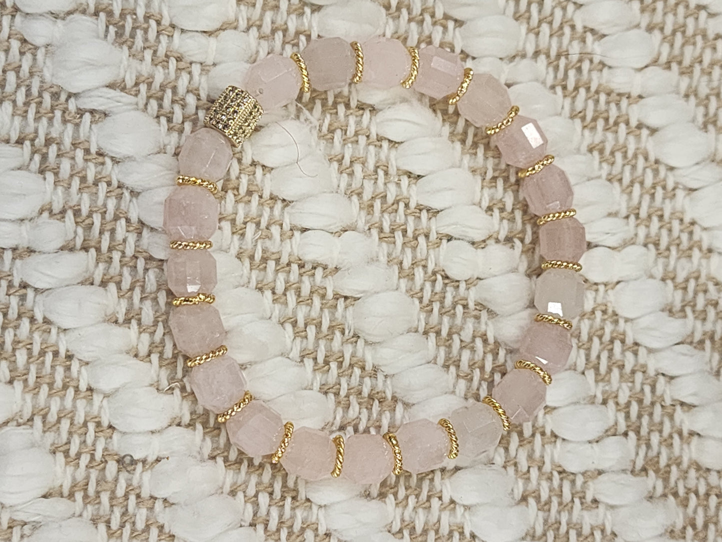 Rose Quartz Gemstone Stretch Bracelet with Gold Plated accents