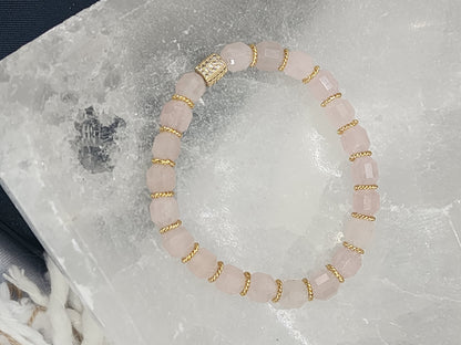 Rose Quartz Gemstone Stretch Bracelet with Gold Plated accents