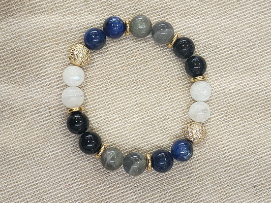 Moonstone, Black Tourmaline, Labradorite, and Kyanite Gemstone Stretch Bracelet with Gold Plated and Pave Cubic Zirconia accents