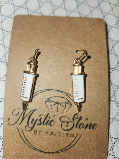 Gold plated Syringe charm style earrings