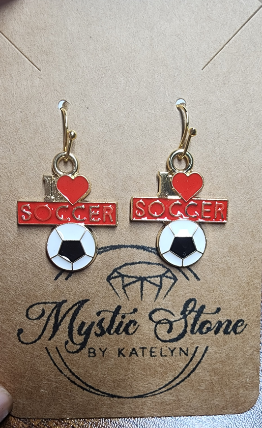 Gold Plated Enamel "I love Soccer" Charm Style Earrings