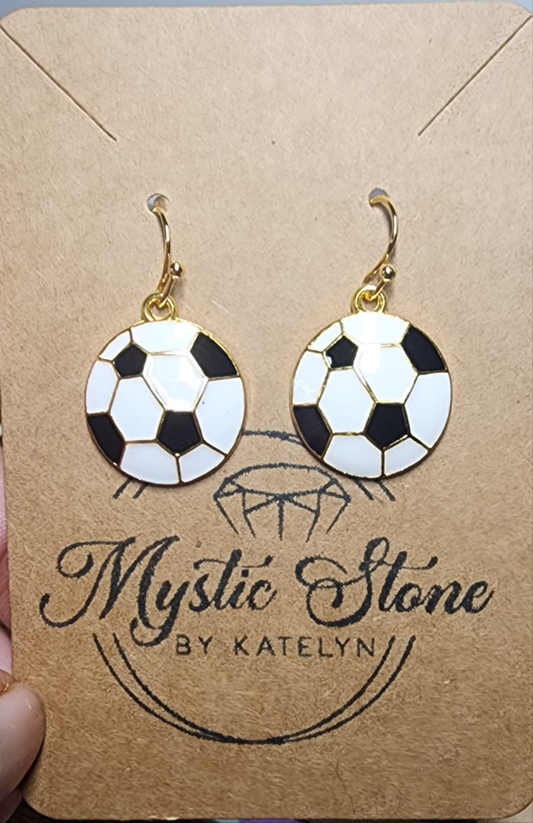 Gold Plated Enamel Soccer Ball Charm Style Earrings. HYPOALLERGENIC & NICKEL FREE