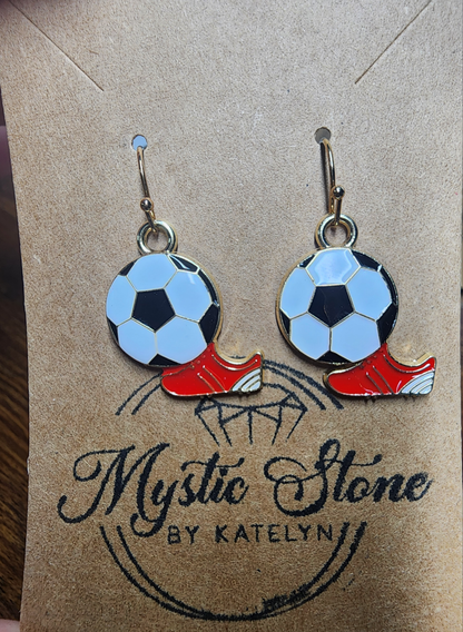 Gold Plated Enamel Soccer Ball & Cleat Charm Style Earrings