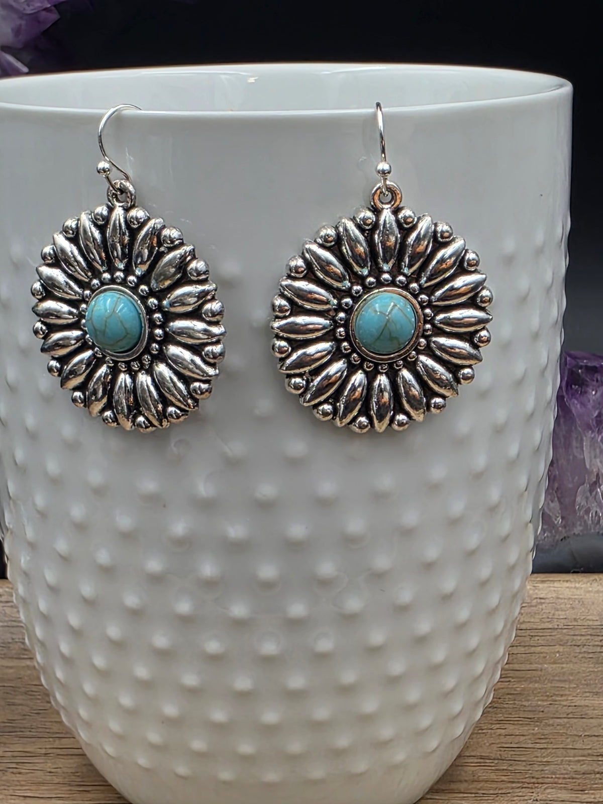 Antique Silver with Turquoise Howlite Sunflower Earrings