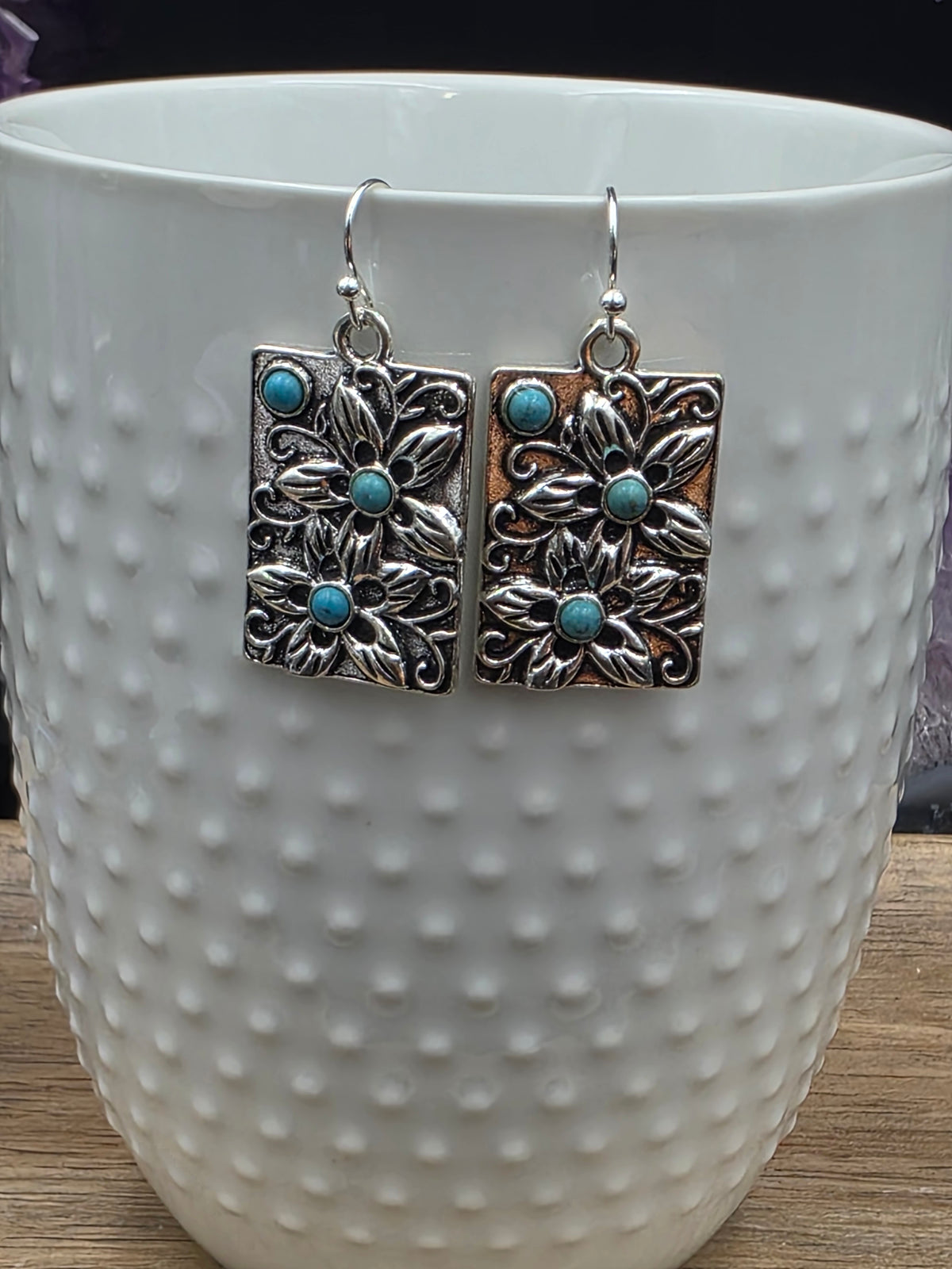 Antique Silver Rectangle Plumeria Floral Earrings, hypoallergenic