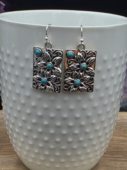 Antique Silver Rectangle Plumeria Floral Earrings, hypoallergenic
