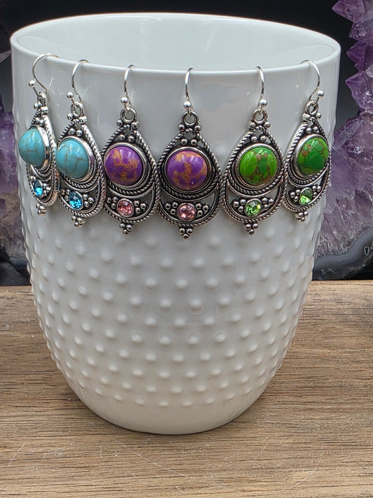 Antique Silver Bohemian Style Earrings with Dyed Blue, Purple or Green Howlite