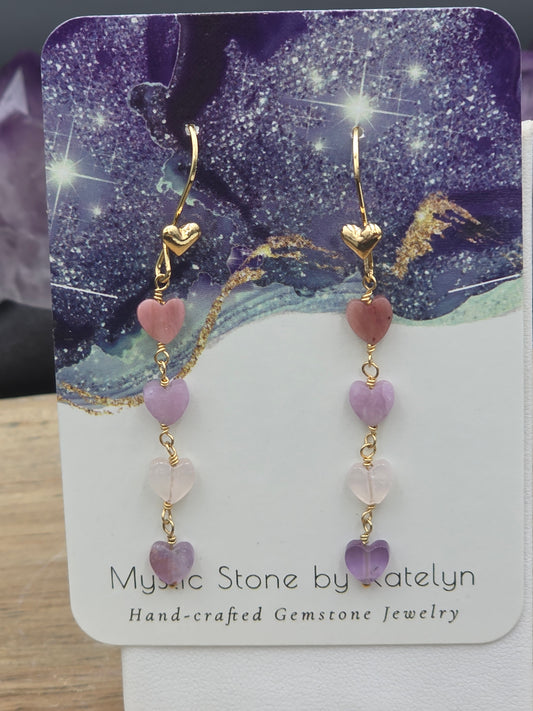 Amethyst,  Rhodonite,  Lepidolite & Rose Quartz Gemstonr Heart dangle earrings