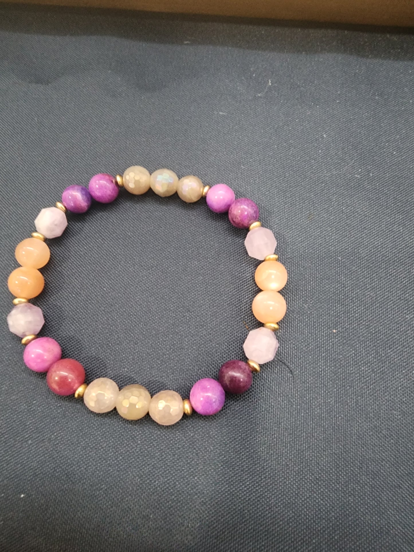 One-of-a-kind gemstone stretch bracelet, Sunstone, Lepidolite, Mystic Moonstone & sugilite