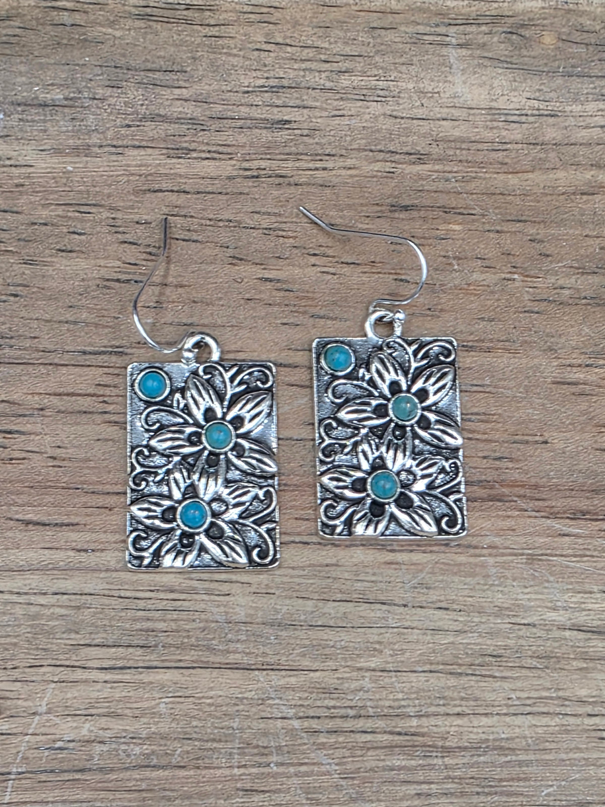 Antique Silver Rectangle Plumeria Floral Earrings, hypoallergenic