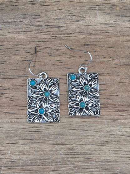 Antique Silver Rectangle Plumeria Floral Earrings, hypoallergenic