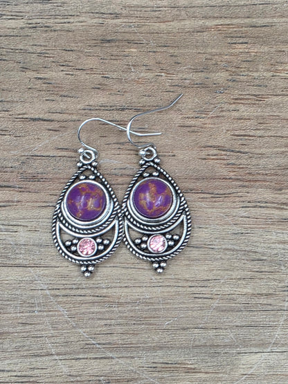 Antique Silver Bohemian Style Earrings with Dyed Blue, Purple or Green Howlite