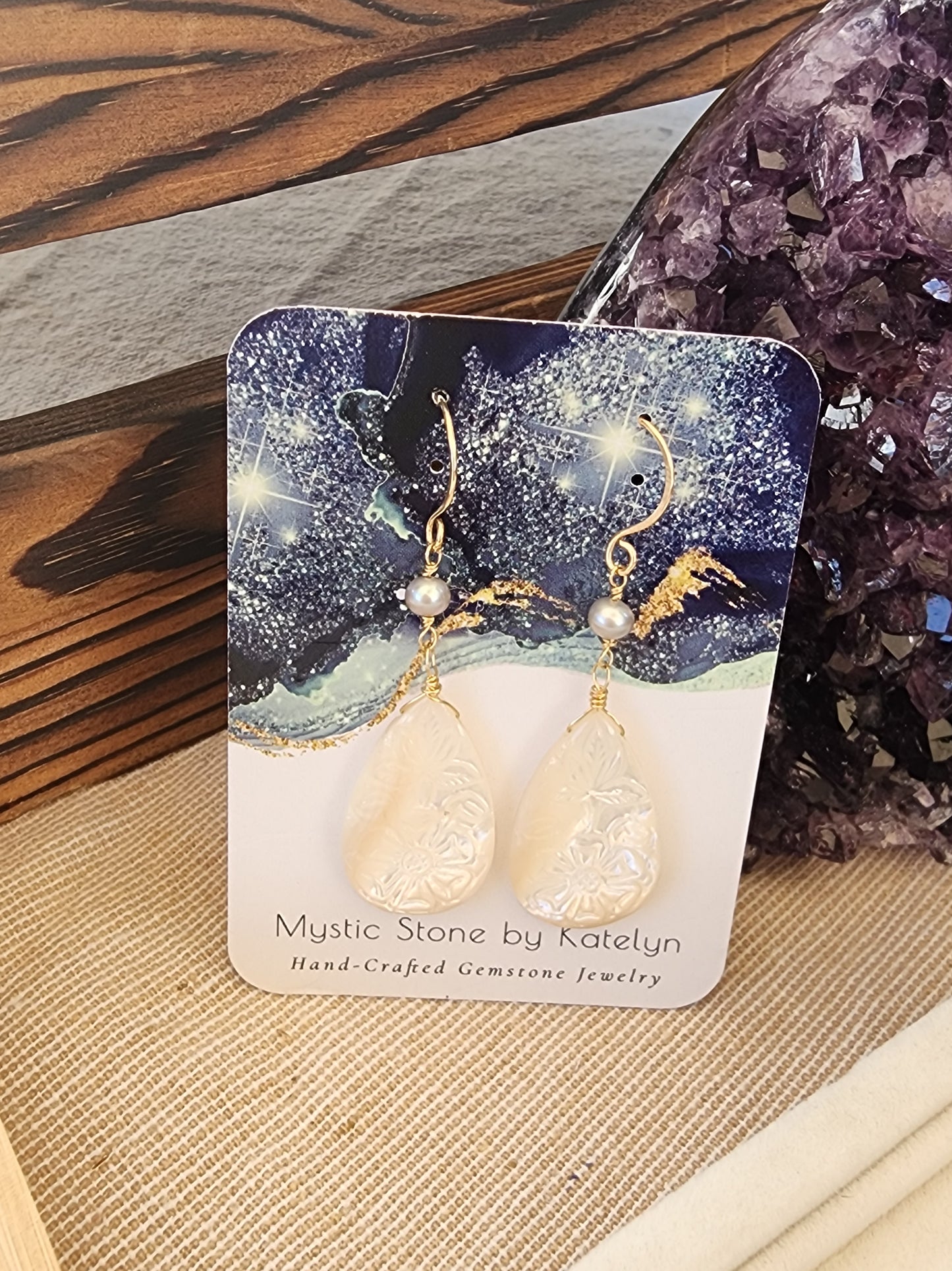 14k gold filled carved mother of pearl & silver pearl earrings