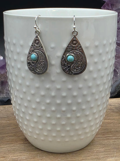 Antique Silver w/Turquoise Paisley Drop Earrings
