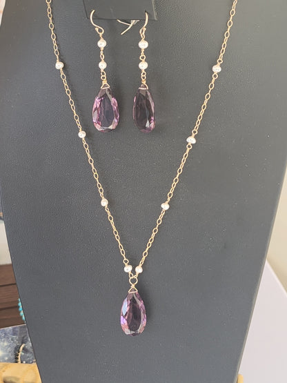 14k Gold-Filled Kunzite Quartz & Pearl Gemstone Necklace