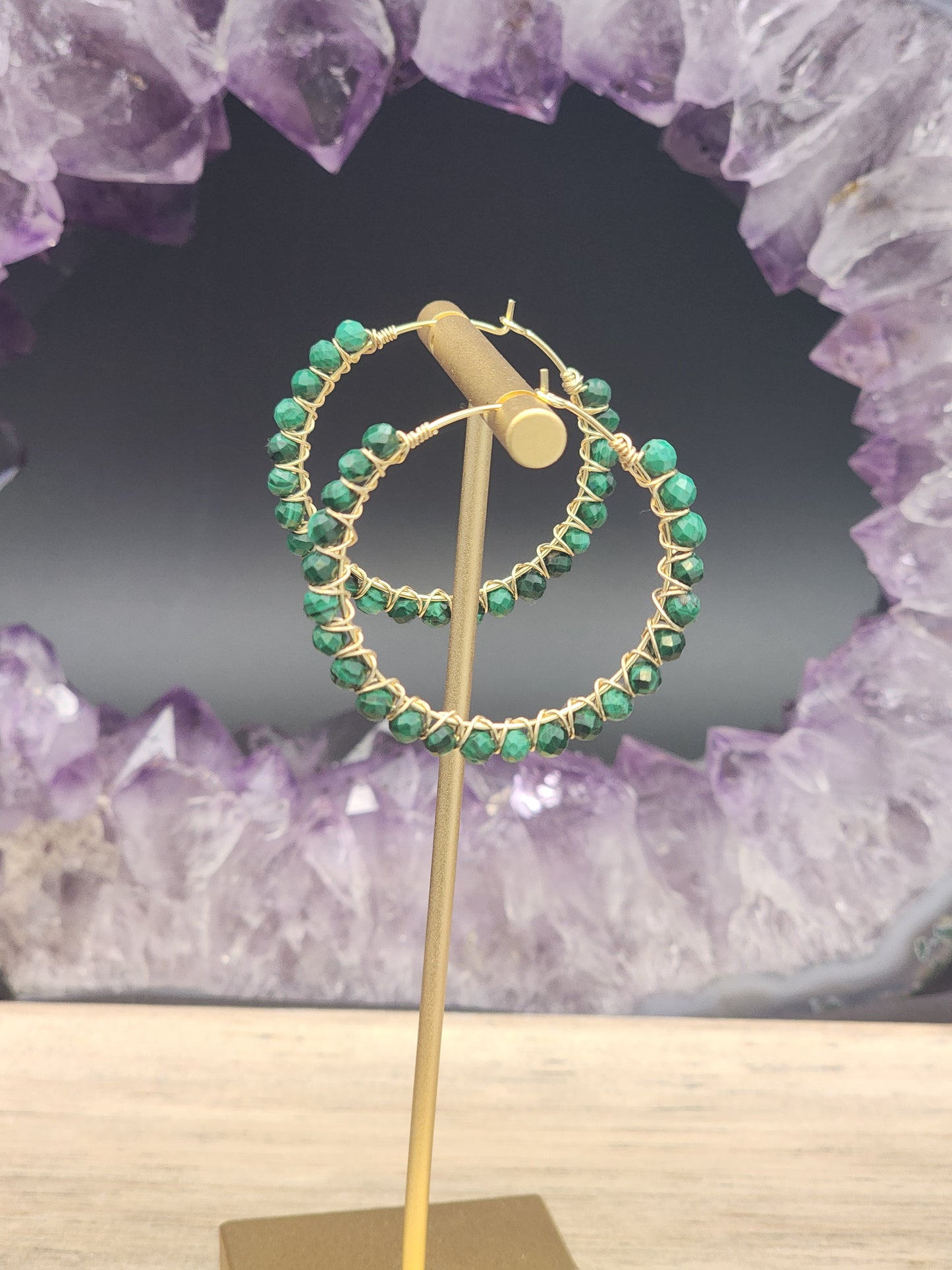 14k Gold-Filled Malachite Gemstone Hoop Earrings